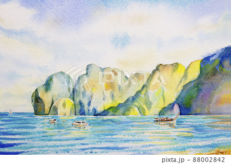 Watercolor painting seascape of travel ocean beach 88002842