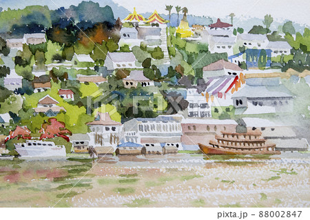Watercolor painting Mekong River, passenger ship. 88002847