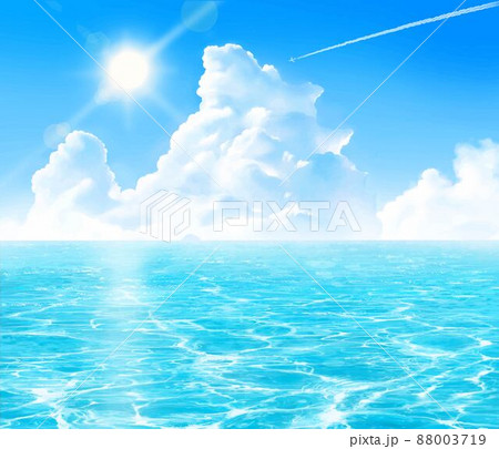 太陽の下入道雲の青い空と飛行機雲と海のゆらめく波の夏イメージの