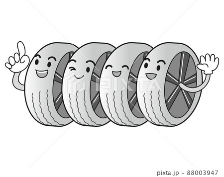 タイヤ4本セットのイラスト(顔あり) 白黒 タイヤ4本セットのイラスト(顔あり) 白黒 88003947