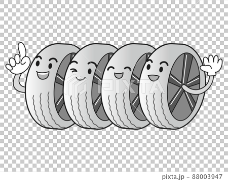 タイヤ4本セットのイラスト(顔あり) 白黒 タイヤ4本セットのイラスト(顔あり) 白黒 88003947