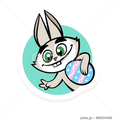 Happy Easter Day Sticker with cute bunny holding egg. Vector rabbit mascot illustration isolated on white background Happy Easter Day Sticker with cute bunny holding egg. Vector rabbit mascot illustration isolated on white background 88004086