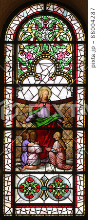Jesus friend of children stained glass window in the Church of St. Vincent de Paul in Zagreb, Croatia 88004287