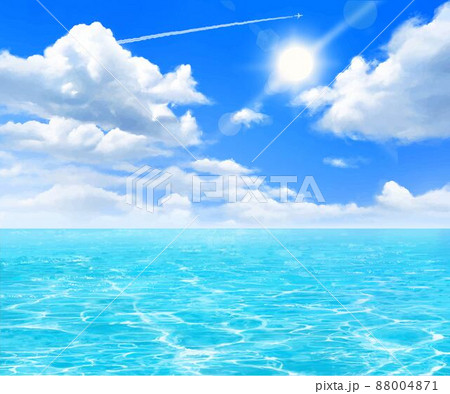 太陽の下入道雲の青い空と飛行機雲と海のゆらめく波の夏イメージの美しいフレームイラスト素材のイラスト素材