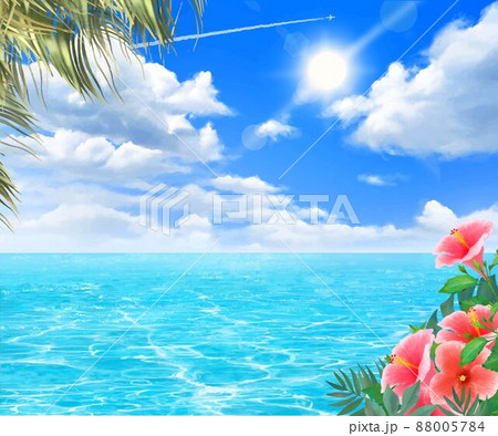 太陽の光差し込む青い空の下 美しい海沿いにヤシの木とハイビスカスの咲く夏のおしゃれフレーム背景素材のイラスト素材