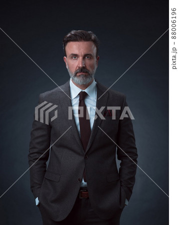 Portrait of a stylish elegant senior businessman with a beard and casual business clothes in photo studio isolated on dark background gesturing with hands 88006196
