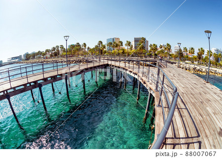View of Molos Promenade from the wooden pier on the coast of Limassol. Cyprus 88007067