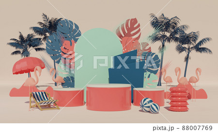 3d rendering box podium palm leaves with summer background. 88007769