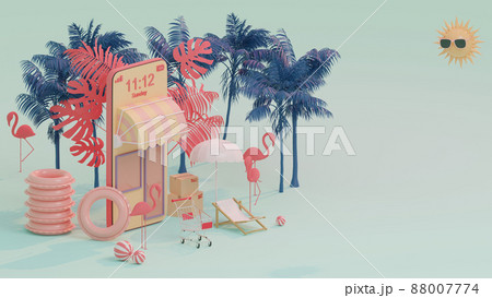 3d rendering box podium palm leaves with summer background. 88007774