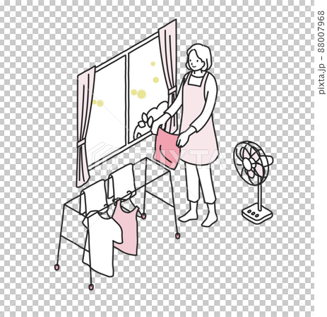 花粉症対策で洗濯物を室内干しにする女性 88007968