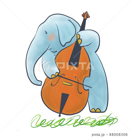 ゾウがのんびりコントラバスを弾いているイラストのイラスト素材 0006