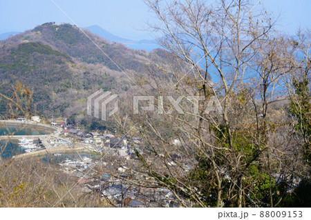 山の神の稜線より本浦集落と城山を望む 岡山県笠岡市真鍋島 山の神の稜線より本浦集落と城山を望む 岡山県笠岡市真鍋島 88009153