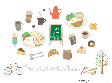 カフェにまつわる手描きイラストセット 88009252