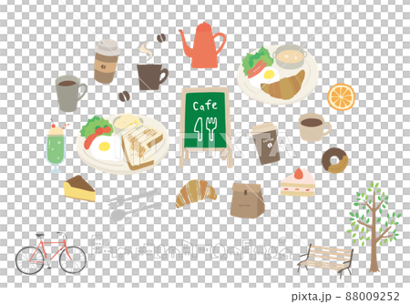 カフェにまつわる手描きイラストセット 88009252
