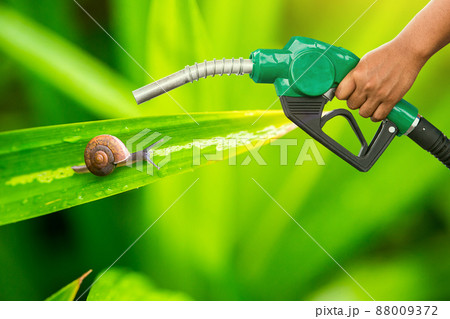 Green conservation. Gas pump nozzle and leaf background. 88009372