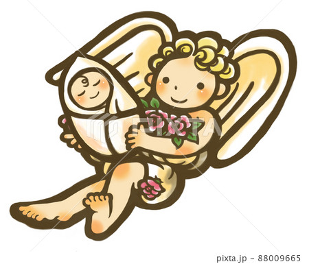 産婦人科さんに保育園に小児科に　手描き 　バラと赤ちゃんを抱えるかわいい天使左向き　 88009665