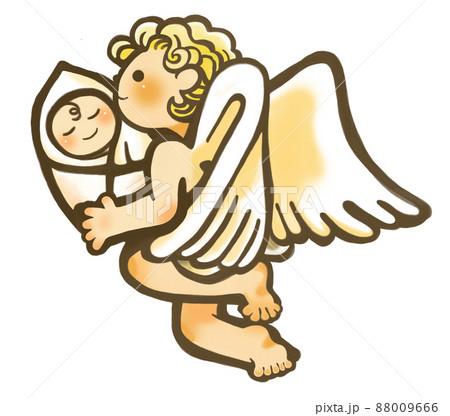 産婦人科さんに保育園に小児科に　手描き 　赤ちゃんを抱えるかわいい天使左向き　 88009666