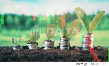 Coins with plants and live stock charts on a multilayered screen Coins with plants and live stock charts on a multilayered screen 88010873