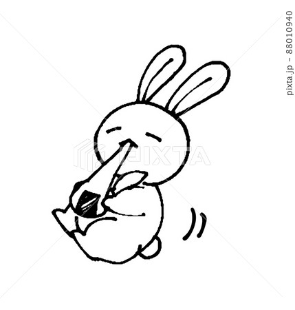 ゆるかわいいデフォルメうさぎの線画イラスト お餅食べるのイラスト素材