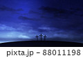 Three crosses on the hill with clouds moving on the starry sky 88011198