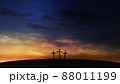 Three crosses on the hill with clouds moving on the starry sky 88011199