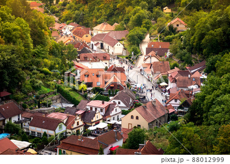 High angle view of Karlstejn town. Central Bohemia, Czech Republic High angle view of Karlstejn town. Central Bohemia, Czech Republic 88012999