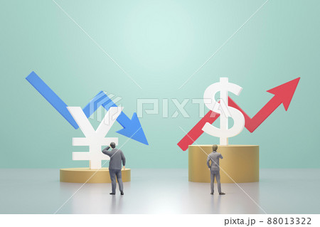円安・ドル高のコンセプトイメージ / 変動する為替相場と考え込むビジネスマン 円安・ドル高のコンセプトイメージ / 変動する為替相場と考え込むビジネスマン 88013322