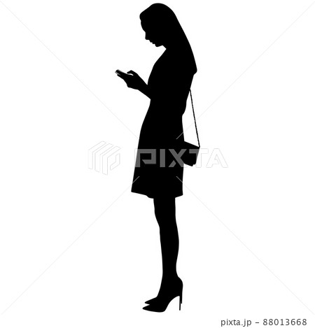 Black silhouette of slender woman in short dress with purse in high-heeled shoes in phone in her hand Black silhouette of slender woman in short dress with purse in high-heeled shoes in phone in her hand 88013668