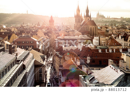Overview of Historic Centre at sunset. Prague, Czech Republic 88013712