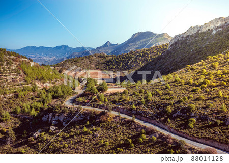 Kyrenia Mountain Range and road to St Hilarion Castle. Kyrenia District, Cyprus 88014128