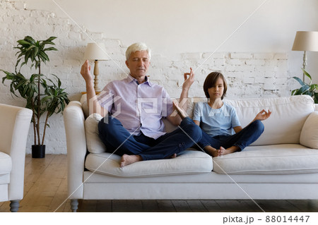 Grandfather and little grandson do meditation practice seated on sofa 88014447