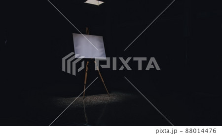 Artist copyist paint seascape with ship in ocean. Craftsman decorator draw as boat sail on blue sea. Black background. Wide angle shot. Artist copyist paint seascape with ship in ocean. Craftsman decorator draw as boat sail on blue sea. Black background. Wide angle shot. 88014476