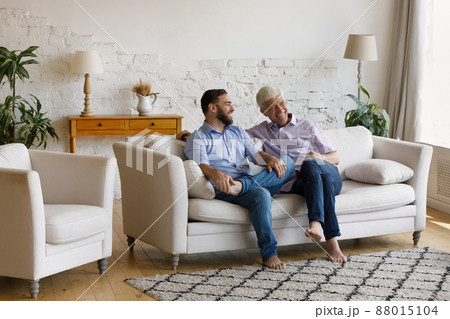 Cheerful man his senior father talking sit on sofa 88015104