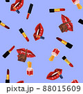 Red lips, lipstick and nail varnish Seamless pattern on blue background. Cosmetics, girly, fashion, makeup repeat design. 88015609
