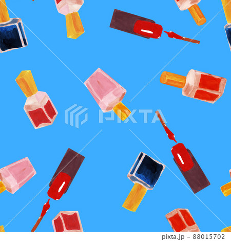 Seamless pattern with nail varnish and cosmetics on blue background. Cosmetics, girly, fashion, makeup repeat design. 88015702