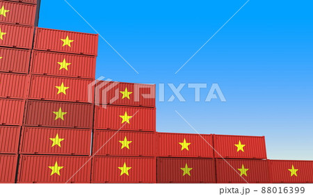 Many containers with flag of Vietnam represent decreasing trend. Economic or industrial crisis concept. 3D rendering 88016399