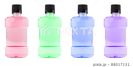 A set of colored plastic bottles of water mouthwash isolated on white background A set of colored plastic bottles of water mouthwash isolated on white background 88017131