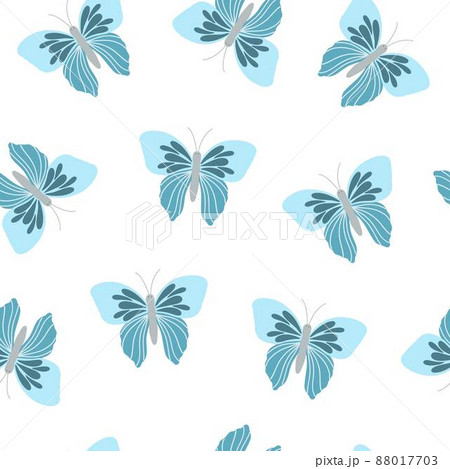 Fancy little blue butterfly seamless pattern, simple flat style vector illustration, symbol of Easter holidays, spring or summer celebration decor, ornament textile, springtime decoration, cute insect Fancy little blue butterfly seamless pattern, simple flat style vector illustration, symbol of Easter holidays, spring or summer celebration decor, ornament textile, springtime decoration, cute insect 88017703