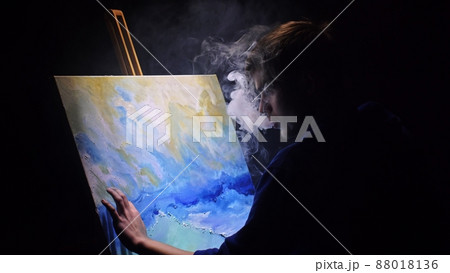 Artist copyist paint seascape with ship in ocean. Vaper smoke vape e-cigarette. Craftsman decorator draw as boat sail on blue sea with acrylic color. 88018136