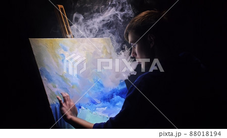 Artist copyist paint seascape with ship in ocean. Vaper smoke vape e-cigarette. Craftsman decorator draw as boat sail on blue sea with acrylic color. 88018194