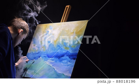 Artist copyist paint seascape with ship in ocean. Vaper smoke vape e-cigarette. Craftsman decorator draw as boat sail on blue sea with acrylic color. Artist copyist paint seascape with ship in ocean. Vaper smoke vape e-cigarette. Craftsman decorator draw as boat sail on blue sea with acrylic color. 88018196
