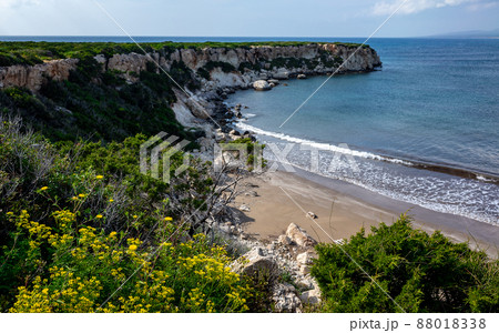 The rocky coast of the Mediterranean Sea on the Akamas Peninsula in the northwest of the island of Cyprus. The rocky coast of the Mediterranean Sea on the Akamas Peninsula in the northwest of the island of Cyprus. 88018338