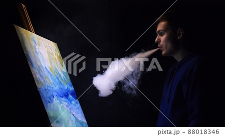 Artist copyist paint seascape with ship in ocean. Vaper smoke vape e-cigarette. Craftsman decorator draw as boat sail on blue sea with acrylic color. Artist copyist paint seascape with ship in ocean. Vaper smoke vape e-cigarette. Craftsman decorator draw as boat sail on blue sea with acrylic color. 88018346