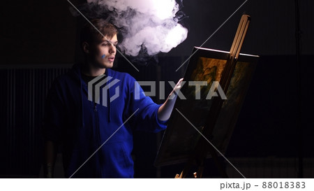 Artist copyist paint seascape with ship in ocean. Vaper smoke vape e-cigarette. Craftsman decorator draw as boat sail on blue sea with acrylic color. 88018383