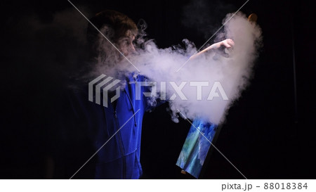 Artist copyist paint seascape with ship in ocean. Vaper smoke vape e-cigarette. Craftsman decorator draw as boat sail on blue sea with acrylic color. Artist copyist paint seascape with ship in ocean. Vaper smoke vape e-cigarette. Craftsman decorator draw as boat sail on blue sea with acrylic color. 88018384