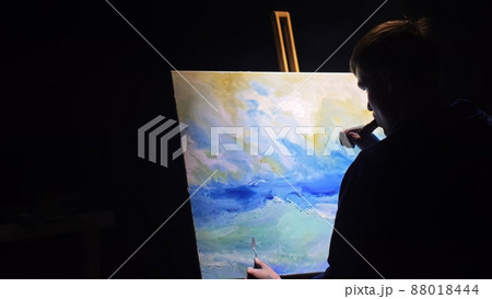Artist copyist paint seascape with ship in ocean. Vaper smoke vape e-cigarette. Craftsman decorator draw as boat sail on blue sea with acrylic color. Artist copyist paint seascape with ship in ocean. Vaper smoke vape e-cigarette. Craftsman decorator draw as boat sail on blue sea with acrylic color. 88018444