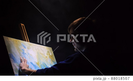 Artist copyist paint seascape with ship in ocean. Vaper smoke vape e-cigarette. Craftsman decorator draw as boat sail on blue sea with acrylic color. Artist copyist paint seascape with ship in ocean. Vaper smoke vape e-cigarette. Craftsman decorator draw as boat sail on blue sea with acrylic color. 88018507