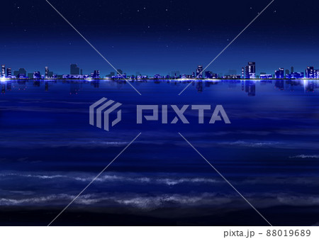 夜の絵 街 ビル アート イラスト 絵 海 夜景 水面 建物 夜 光