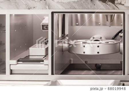 Cad cam milling machine in dental laboratory. Production of high esthetic dental crowns and dentures. 88019948