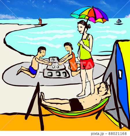 海辺での家族のキャンプのイラスト 88021168